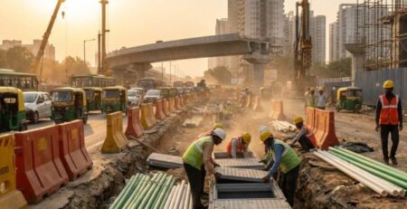 FRP manhole covers and PPR pipes Delhi being installed on construction sites, with Indian workers and machinery building modern urban infrastructure.