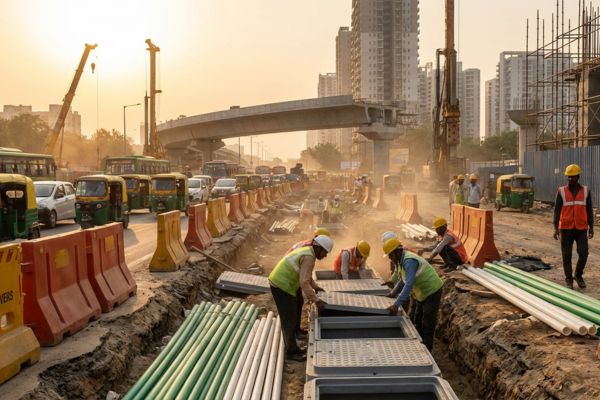 FRP manhole covers and PPR pipes Delhi being installed on construction sites, with Indian workers and machinery building modern urban infrastructure.