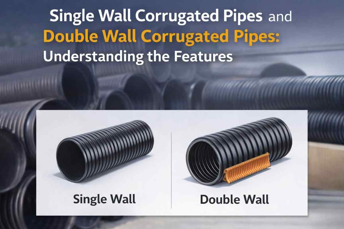 Comparison of single wall corrugated pipe and double wall corrugated pipe showing flexible ribbed exterior design and dual-layer construction with smooth inner lining.