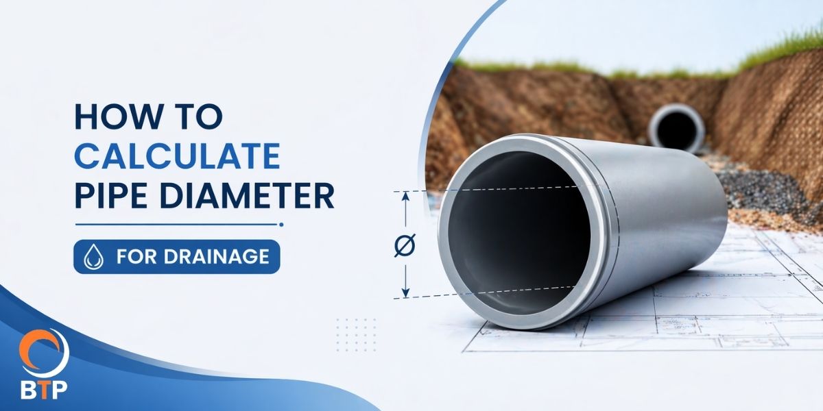 Diagram showing how to calculate pipe diameter for drainage using flow rate, slope, and Manning’s equation for stormwater and sewer pipe sizing